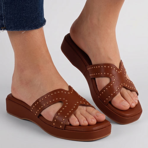 Anya Studded Platform Wedges - Tan