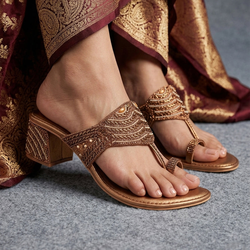 Noory Embroidered Kolhapuri Heels - Antique
