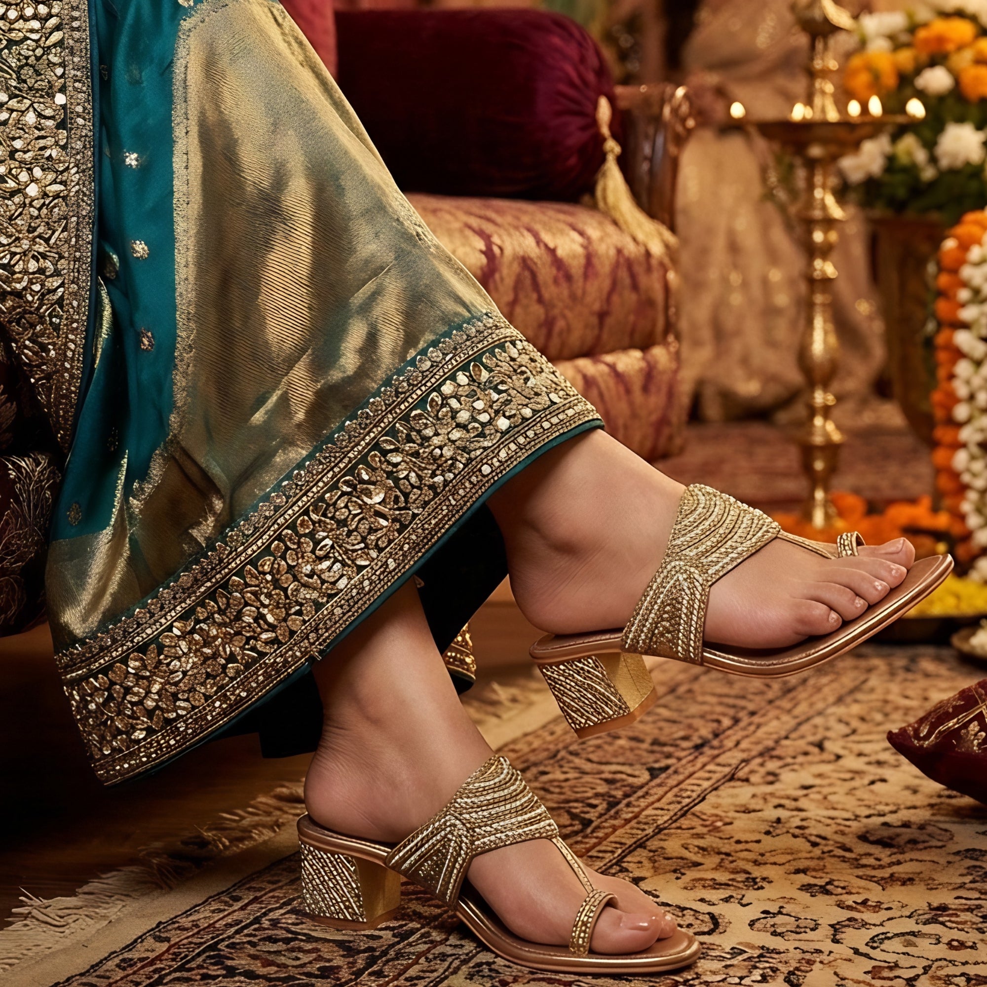 Decorative sandal on a foot with intricate patterns, set against a richly decorated indoor background.