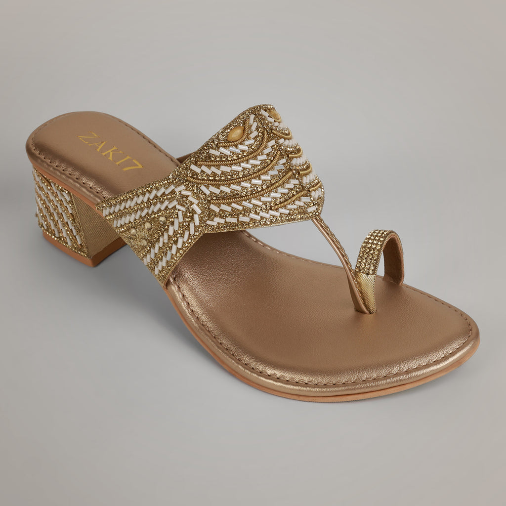 Noory Embroidered Kolhapuri Heels - Gold