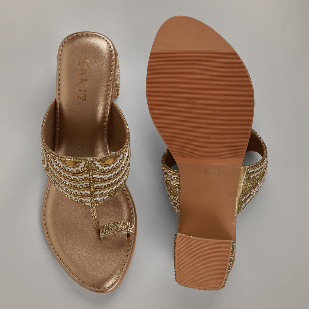 Noory Embroidered Kolhapuri Heels - Gold