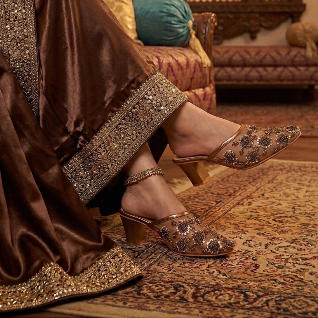 Aery Embroidered Heeled Mules - Antique