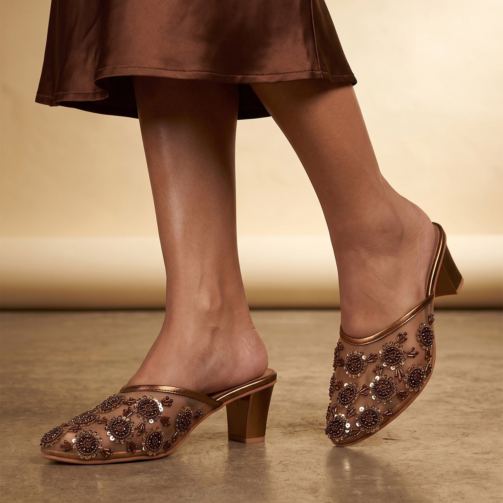 Aery Embroidered Heeled Mules - Antique