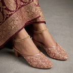 Aery Embroidered Heeled Mules - Rosegold
