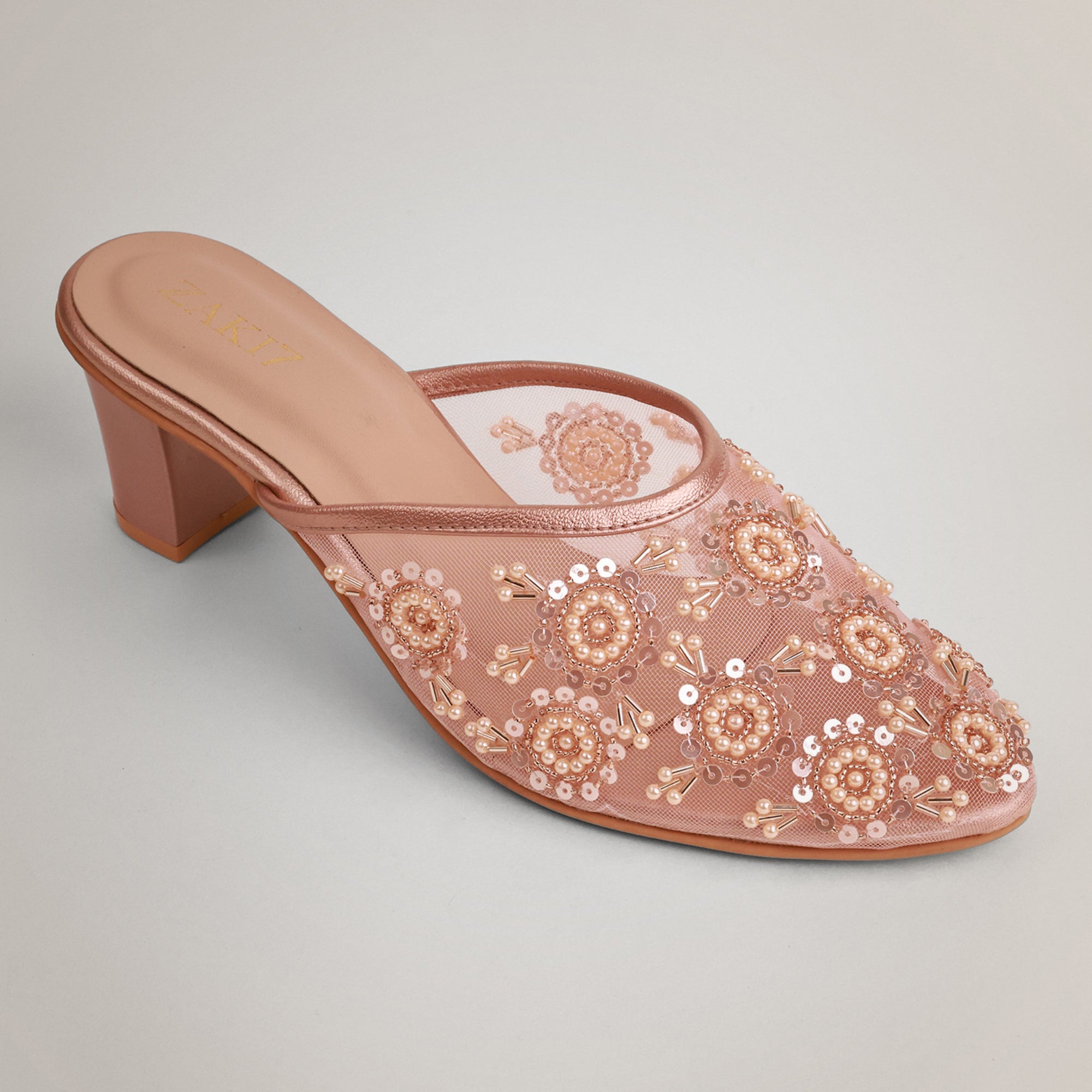 Aery Embroidered Heeled Mules - Rosegold