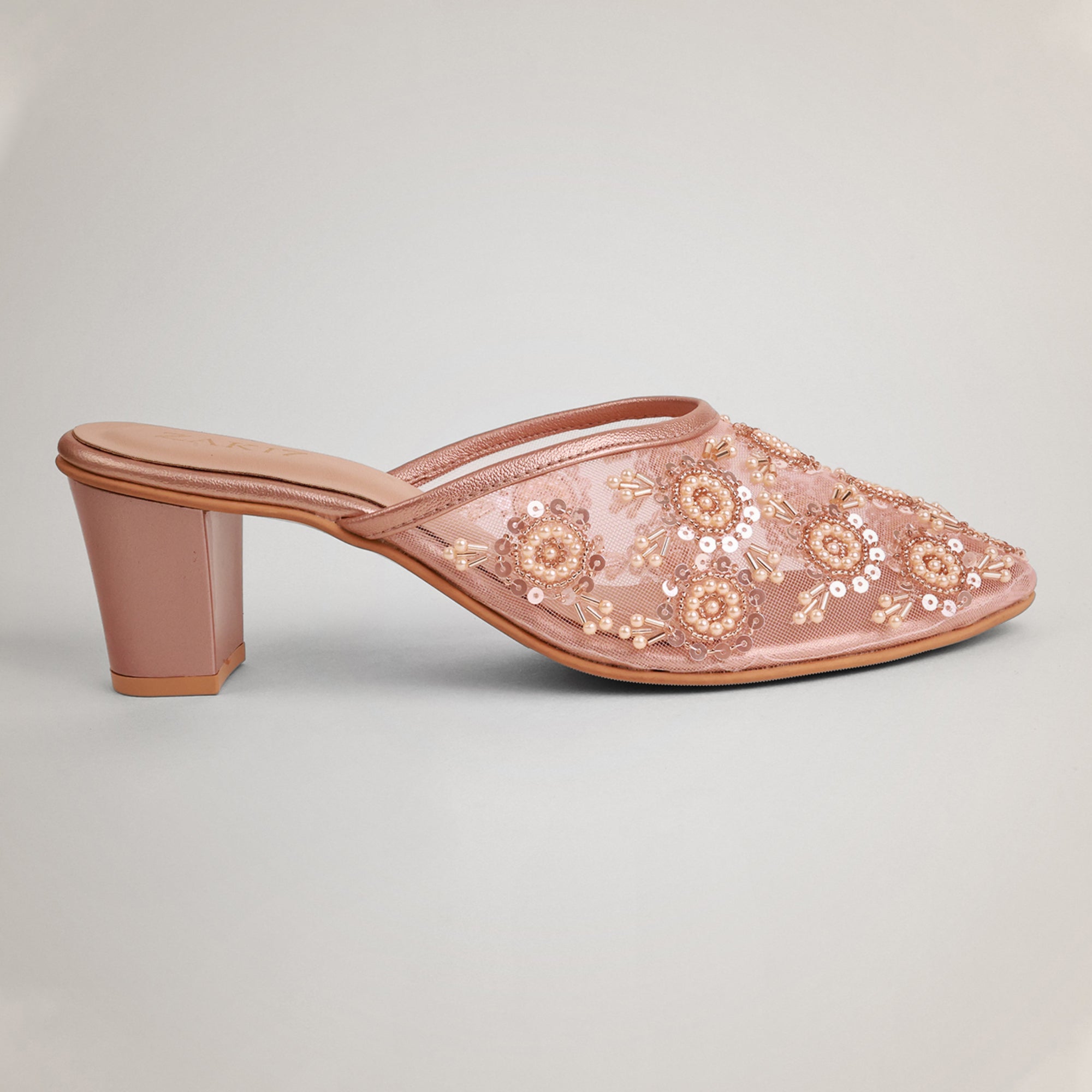 Aery Embroidered Heeled Mules - Rosegold