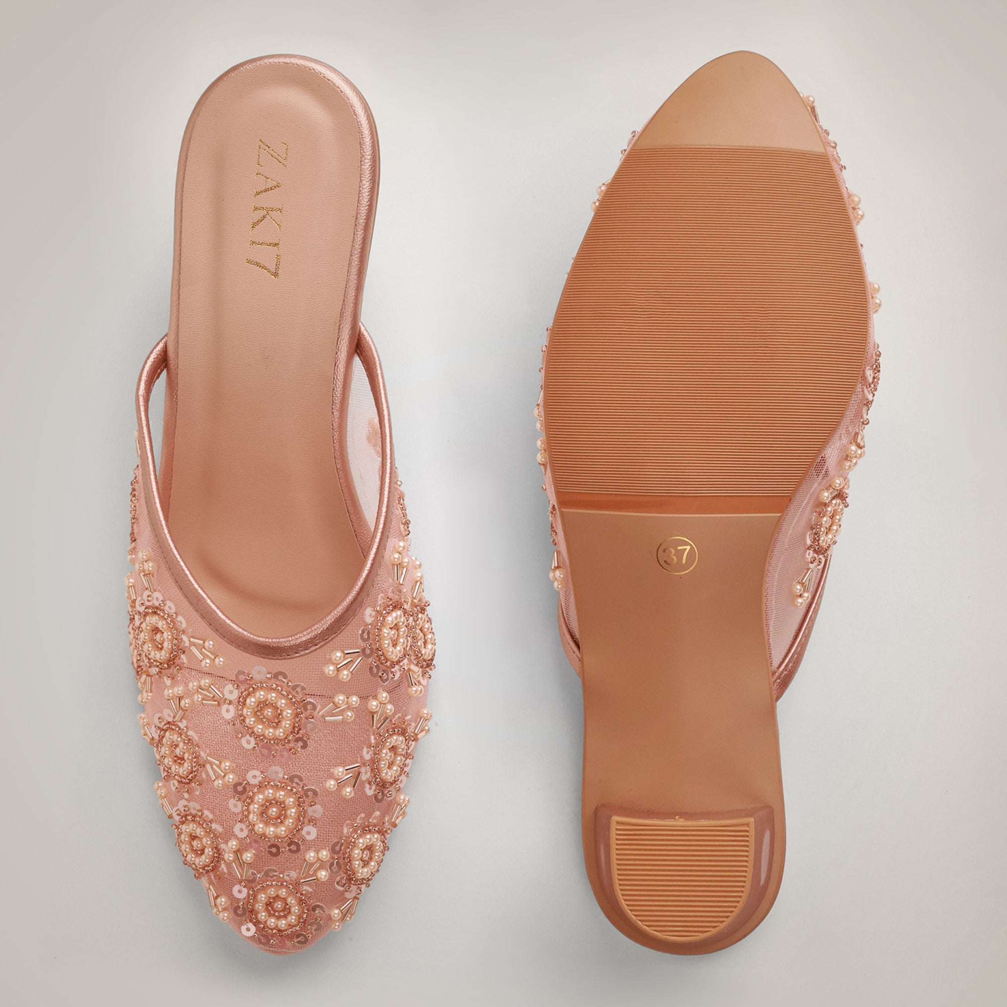Aery Embroidered Heeled Mules - Rosegold