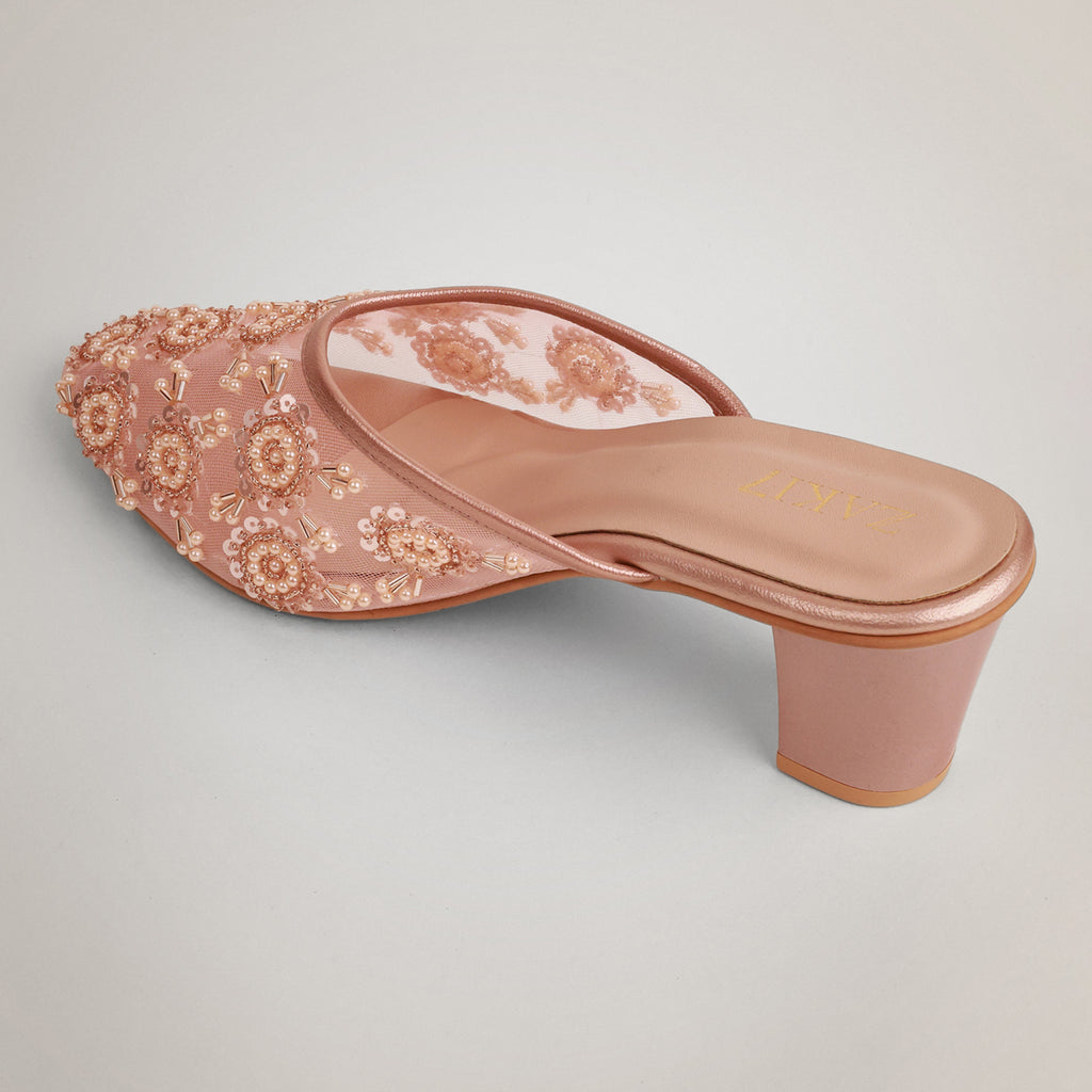 Aery Embroidered Heeled Mules - Rosegold