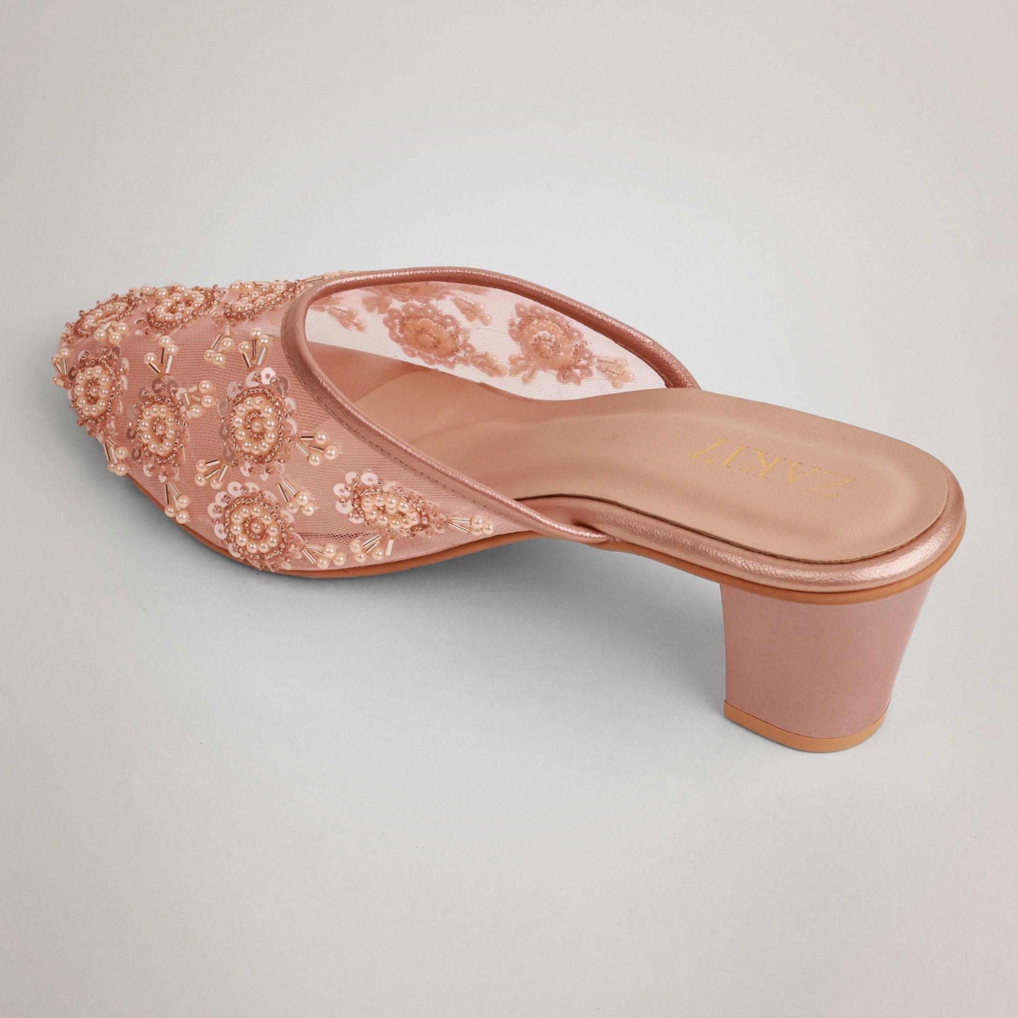 Aery Embroidered Heeled Mules - Rosegold